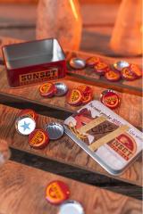 Sunset Sarsaparilla Bottle Caps w/ Tin